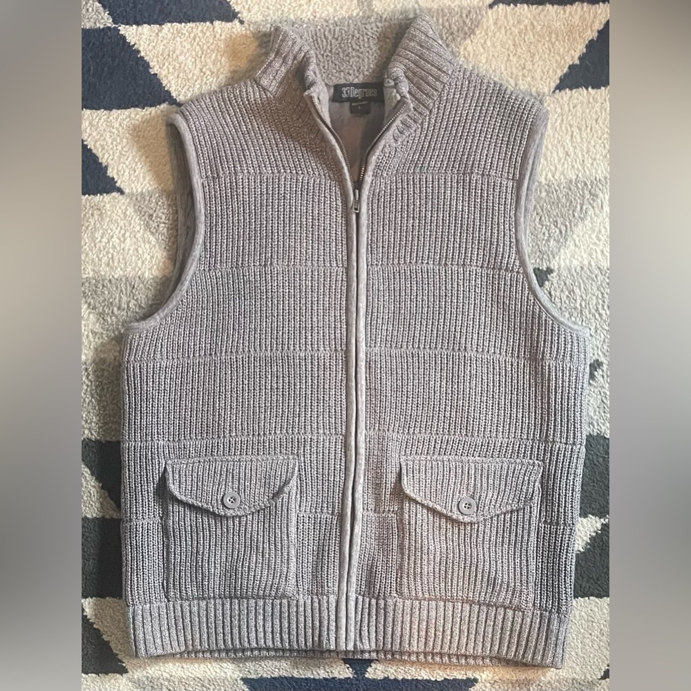 33 Degrees Gray Full Zip Sweater Vest Faux Fur Collar